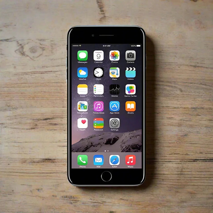 An Apple iPhone 7 Black 32GB Unlocked Smartphone with a black frame rests on a wooden surface, showing its vivid home screen—a certified quality Apple device offering great value.