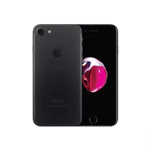An Apple iPhone 7 Black 32GB Unlocked Smartphone is shown from the front and back, with its screen on displaying a vivid abstract design and the Apple logo visible, emphasizing certified quality and value.