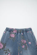 Beau Blue Floral Print Elastic Waist Pull On Casual Jeans