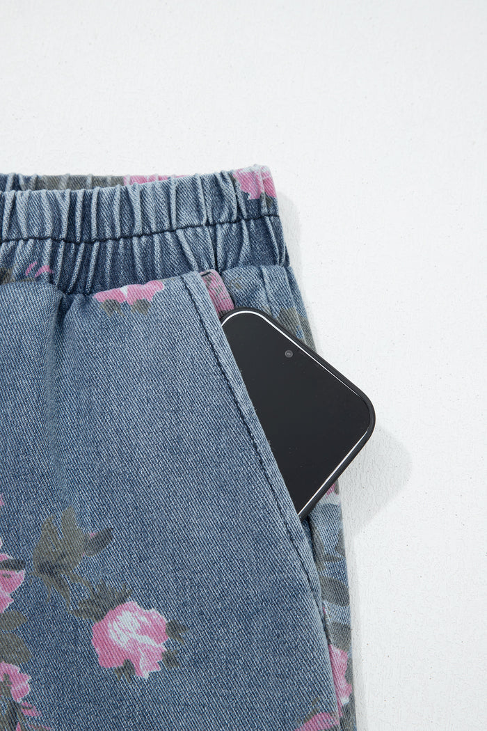 Beau Blue Floral Print Elastic Waist Pull On Casual Jeans
