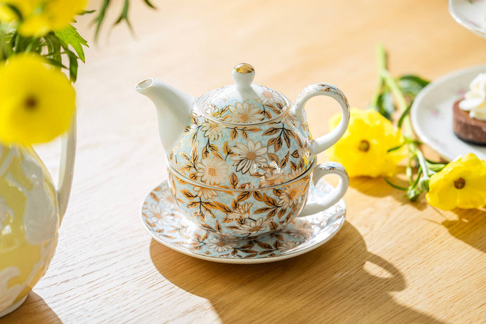 Blue & Gold Daisy Fine Porcelain Tea For One Set w/ Gift Box