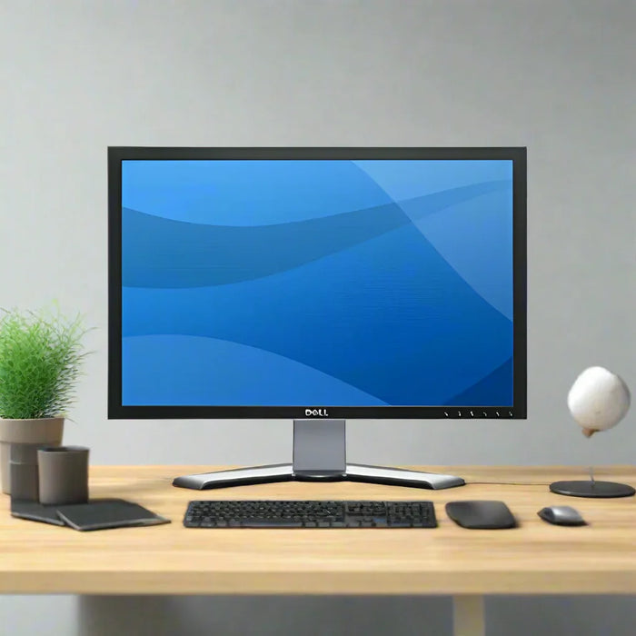A Dell 2407WFP 19" 1920x1080 monitor displays a blue screen on a wooden desk with a potted plant, tablet, keyboard, mouse, and decor in a minimalist office setup.