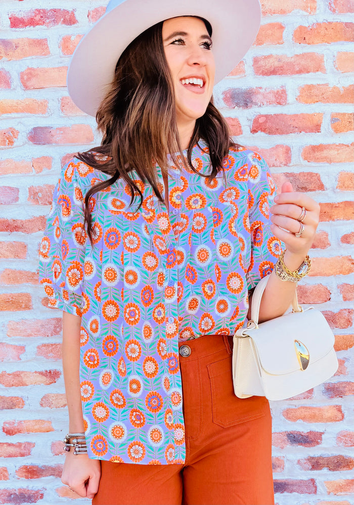 Floral Button Pleat Sleeve Top