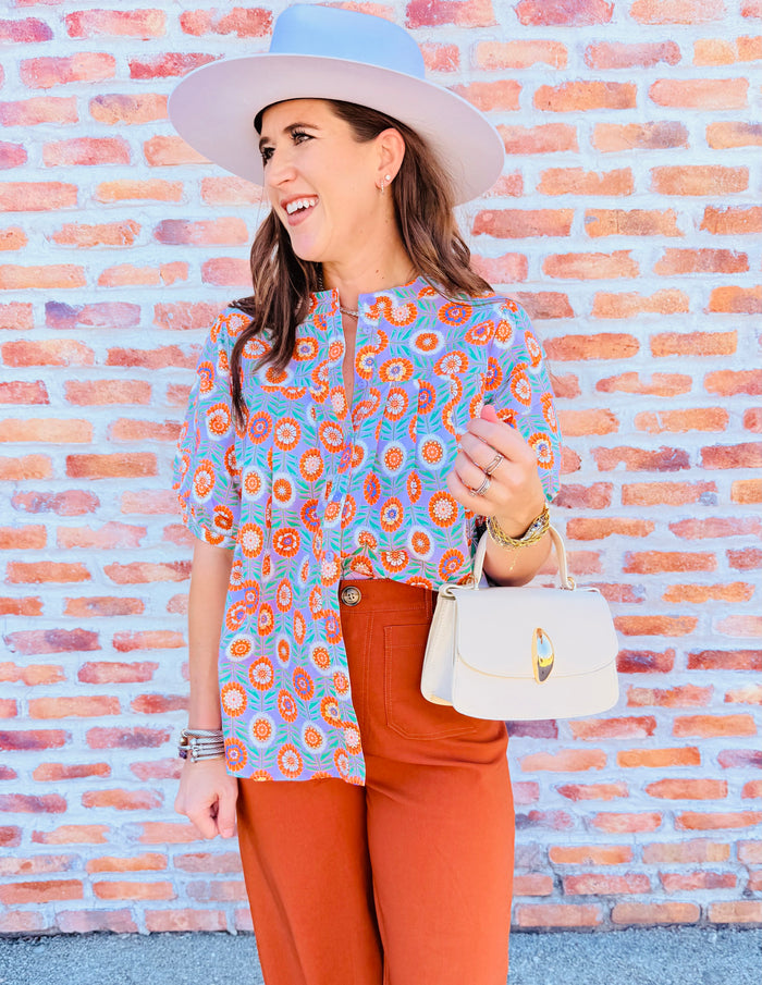 Floral Button Pleat Sleeve Top
