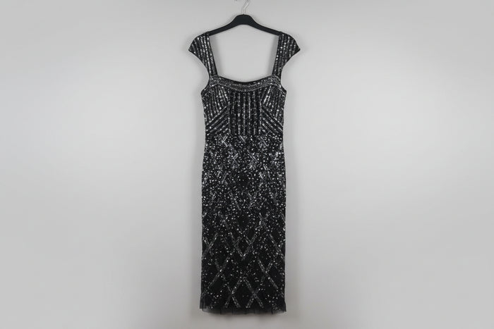 Frank Lyman (6) Black Beaded Dress UK 10 EU 38 Sequin Party