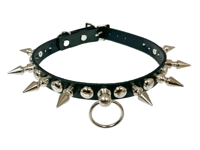 LEATHER 3/4" ROUND STUDDED 1" SPIKE  BONDAGE CHOKER