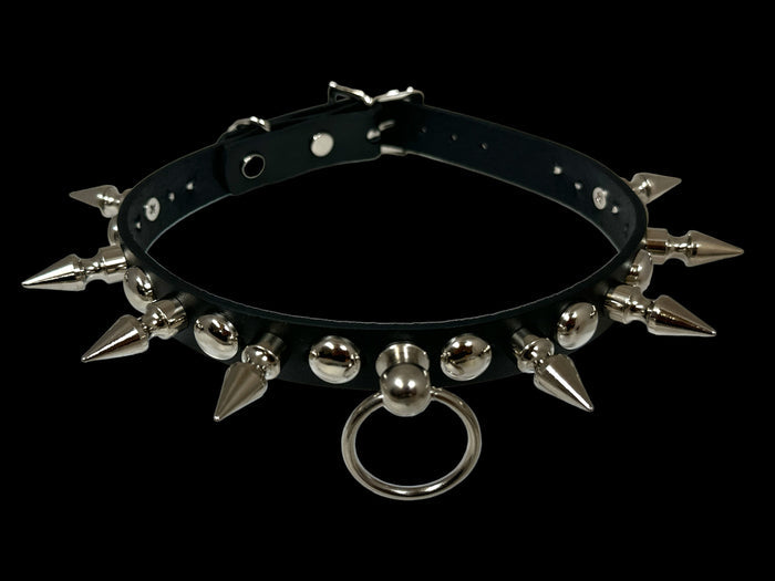 LEATHER 3/4" ROUND STUDDED 1" SPIKE  BONDAGE CHOKER