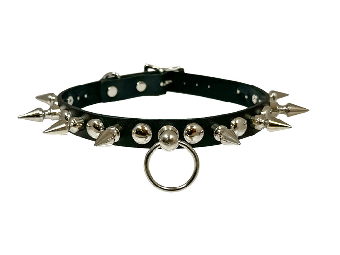 LEATHER 3/4" ROUND STUDDED 1" SPIKE  BONDAGE CHOKER