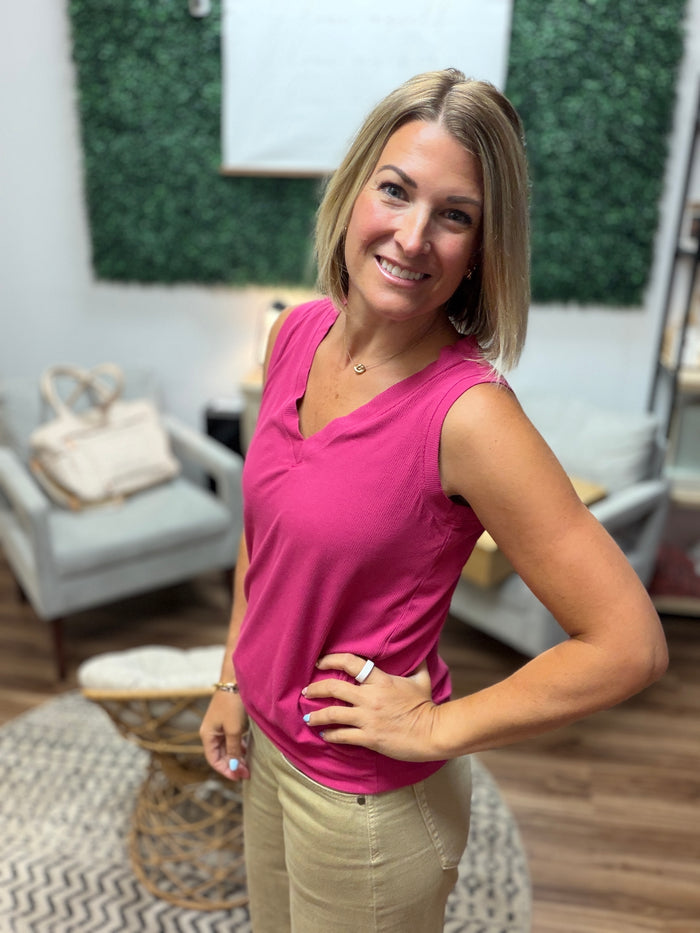 Luxe Air Ribbed V-Neck Tank - Berry