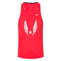 Red tank top with a white logo on a white background