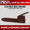 Rust leather guitar strap, 2.5-inch wide, bird swarm embossed pattern and end hole