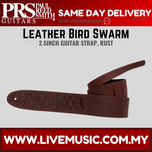 Rust leather guitar strap, 2.5-inch wide, bird swarm embossed pattern and end hole