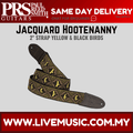Yellow and black jacquard guitar strap with bird pattern and black end tabs