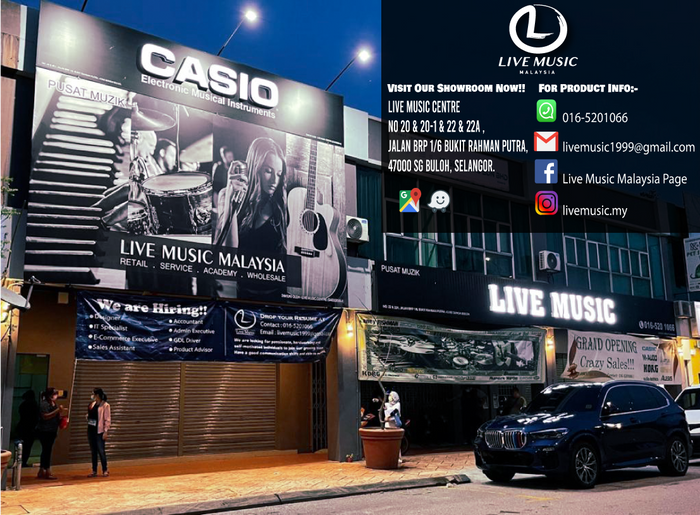 Optical compressor guitar pedal storefront banners at Live Music Malaysia