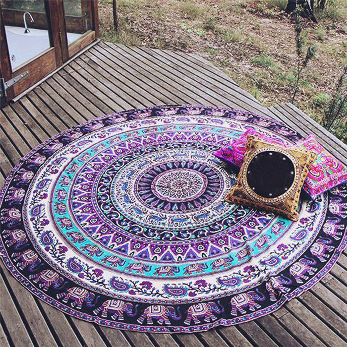 Purple Elephant Round Mandala Beach Throw