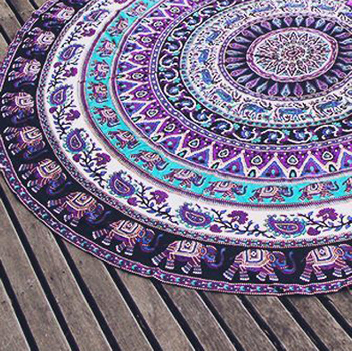Purple Elephant Round Mandala Beach Throw