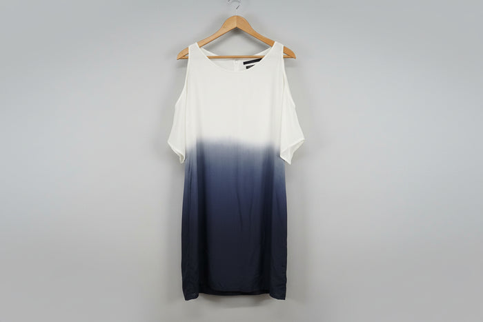 SET Blue & White Ombre Silk Smock Tunic (M) UK 10 12 EU 38 40 Cut-Out Shoulder