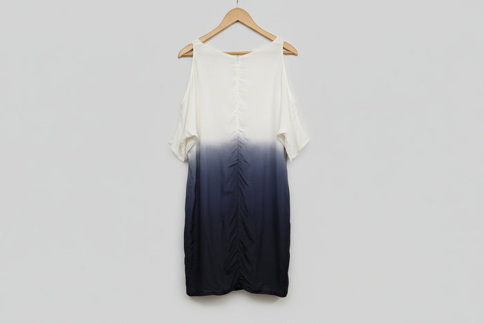 SET Blue & White Ombre Silk Smock Tunic (M) UK 10 12 EU 38 40 Cut-Out Shoulder